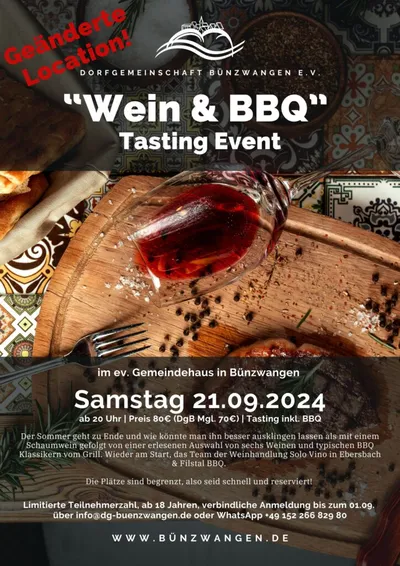 „Wein & BBQ“ Tasting Event – Im Gemeindehaus!