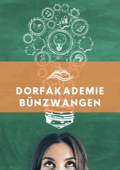 Dorfakademie Bünzwangen – Glühbirne und Zahnräder auf einer Tafel über dem Kopf einer jungen Frau