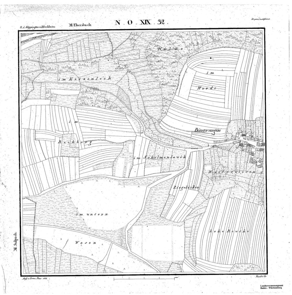 Urflurkarte Bünzwangen 1828, Blatt NO XIX 32, aufgenommen von Geometer Bernhard Roos